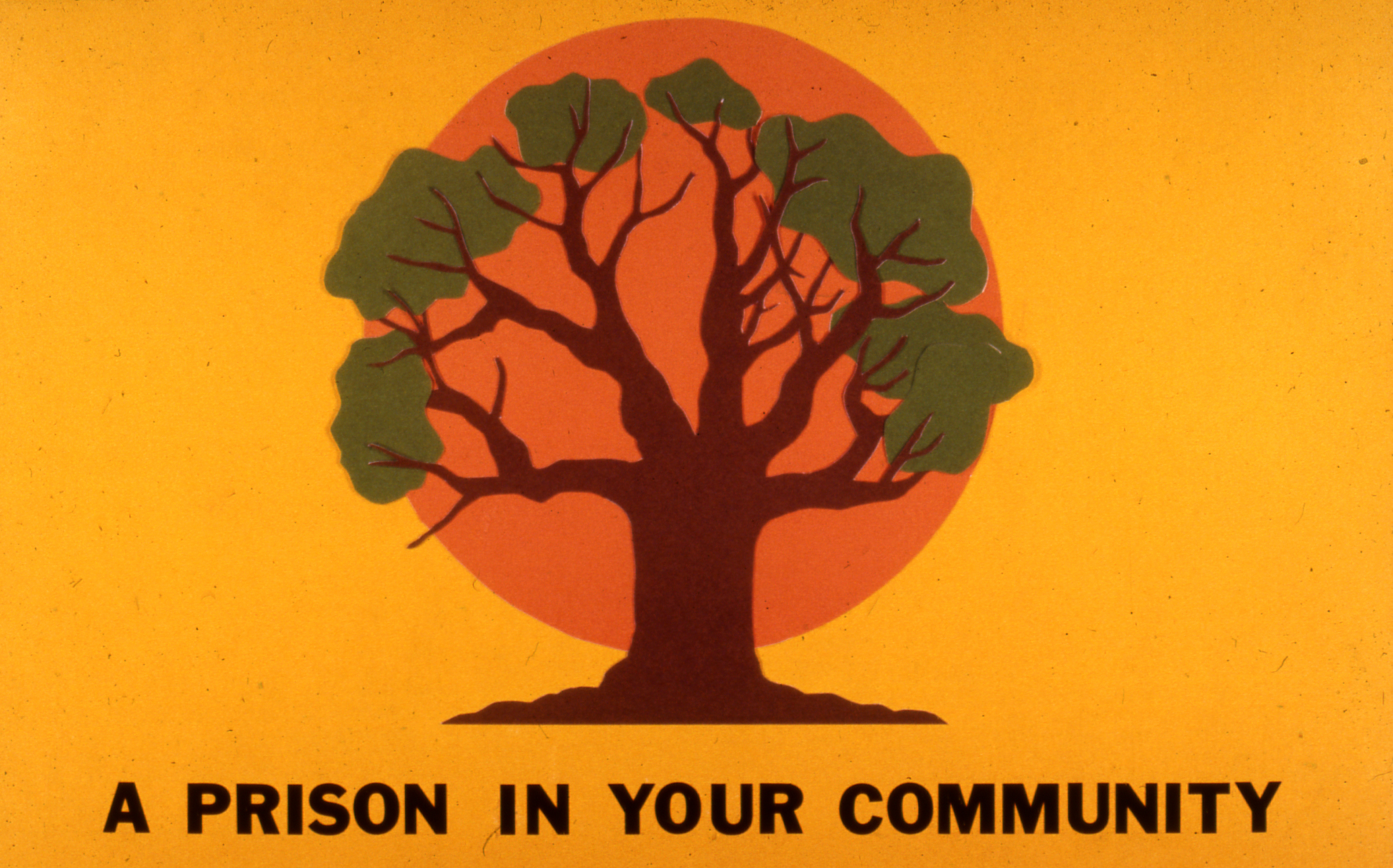 Slide 3: This is one of the strangest pictures ever. It is a graphic created by the Florida Department of Corrections and was made with construction paper. It shows a live oak tree in front of a setting sun, on a dark orange background. Beneath the sun and tree are the words in all caps, A PRISON IN YOUR COMMUNITY