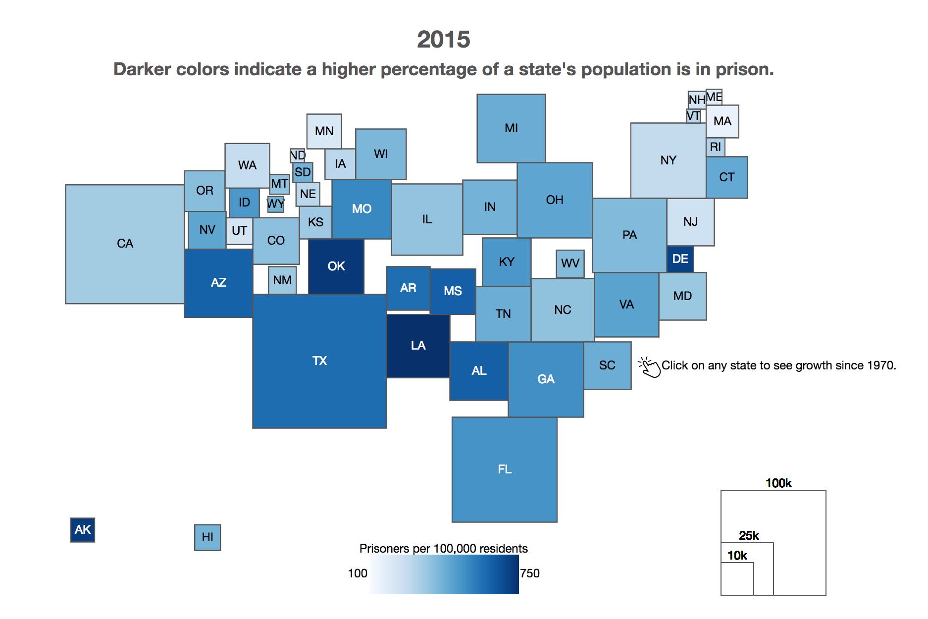 this is a picture of a cartogram showing imprisonment by state in 2015